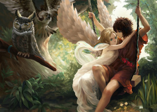 Картинка фэнтези ангелы лес парень ангел совы качели