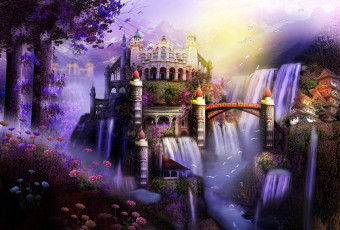 Картинка фэнтези фотоарт замок водопад