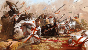 Картинка фэнтези люди атака битва сражение стрелы турки раненые крестоносцы рыцари