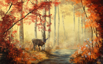 Картинка рисованные животные +олени деревья