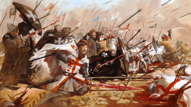 Обои картинки фото фэнтези, люди, атака, битва, сражение, стрелы, турки, раненые, крестоносцы, рыцари