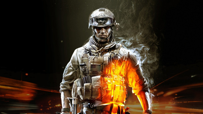Обои картинки фото видео игры, battlefield 4, дым, шлем, амуниция, очки, оружие, платок, броня, воин, солдат