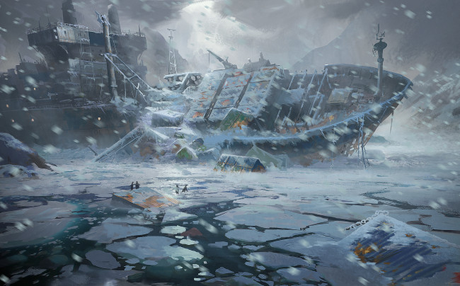 Обои картинки фото фэнтези, корабль, танкер, катастрофа, льды, пингвины