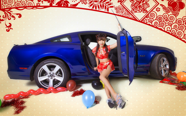 Обои картинки фото автомобили, авто с девушками, девушка, автомобиль, азиатка, улыбка, шары