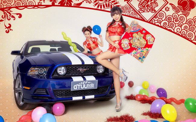 Обои картинки фото автомобили, авто с девушками, девушки, автомобиль, азиатки, улыбка, шары