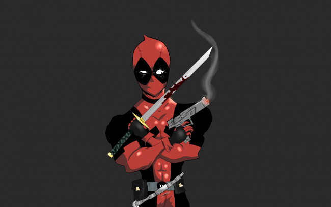 Обои картинки фото deadpool, рисованные, комиксы, дэдпул, красный, оружие, темный, фон