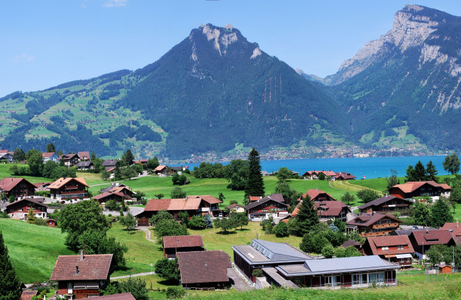 Обои картинки фото thun,  switzerland, города, - пейзажи, дома, берн, деревья, швейцария, озеро, горы