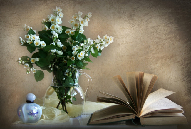 Обои картинки фото цветы, жасмин, духи, книга, букет
