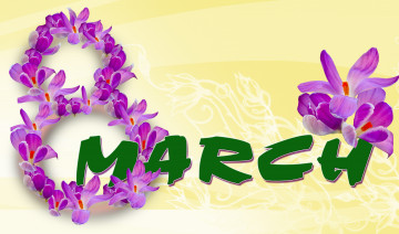 обоя праздничные, международный женский день - 8 марта, надпись, крокусы