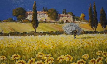 Картинка рисованное природа деревья подсолнух поле цветы небо тоскана дом италия пейзаж