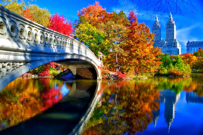 Обои картинки фото города, нью-йорк , сша, небо, листья, осень, пейзаж, деревья, мост, центральный, парк, нью-йорк