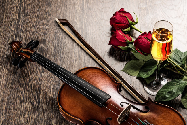 Обои картинки фото музыка, -музыкальные инструменты, скрипка, розы, шампанское, бокал