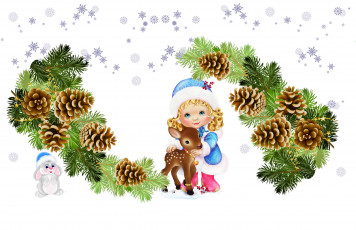 Картинка праздничные векторная+графика+ новый+год снегурочка малыши веточка детская олень снежинки шишки арт зайчик праздник ёлочка