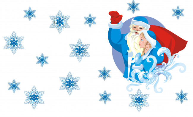Обои картинки фото праздничные, векторная графика , новый год, дед, мороз, новый, год, мешок, настроение, снегурочка, снежинки, арт, праздник, подарки, вектор