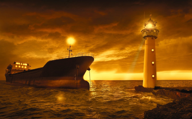 Обои картинки фото корабли, грузовые суда, судно, закат, море, маяк