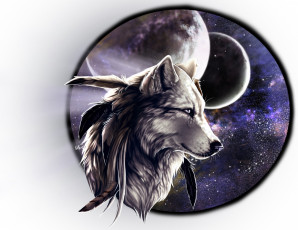 Картинка рисованное животные +волки перо планета фон волк