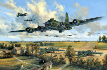 обоя авиация, 3д, рисованые, v-graphic, p-47, thunderbolt, b-17, истребитель, бомбардировщик, деревья