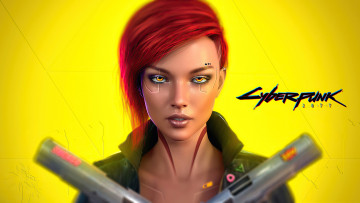 обоя видео игры, cyberpunk 2077, взгляд, оружие, игра, портрет, game, желтый, фон, weapon, обложка, look, cover, yellow, background, portrait, cyberpunk, 2077, рыжеволосая, девушка, киберпанк, red-haired, girl