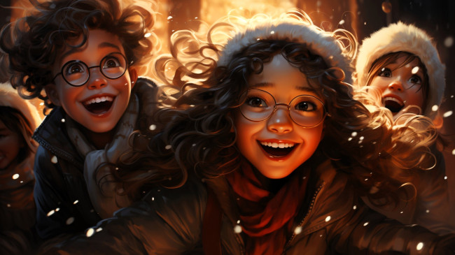 Обои картинки фото рисованное, люди, девочки, лица, очки, радость