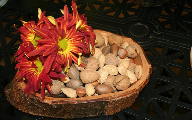 Обои картинки фото еда, орехи, каштаны, хризантемы