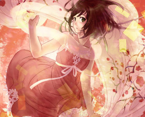 Картинка bakemonogatari аниме арт kisaragi yukiemirio платье шаль девушка sengoku nadeko цветы лента