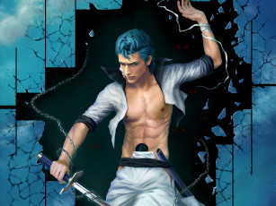 Картинка аниме bleach осколки лента меч цепь глаза синие волосы парень эспада арт секста аранкар пустой гримджоу джагерджак