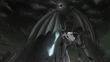 Картинка аниме bleach хвост крылья улькиорра шиффер аранкар облака небо полёт руины ночь луна сера