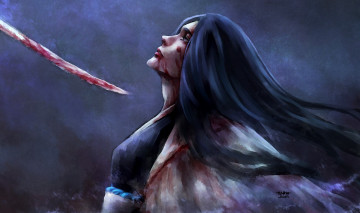 Картинка аниме -weapon +blood+&+technology волосы профиль меч кровь