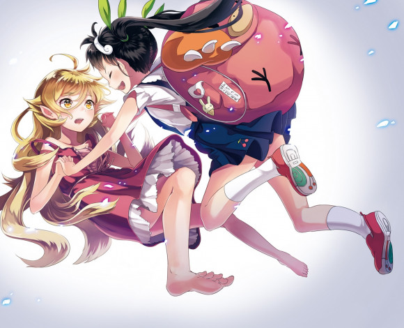 Обои картинки фото аниме, bakemonogatari, sheep, sleep, арт, портфель, девушка, hachikuji, mayoi, oshino, shinobu, платье, бант, лента