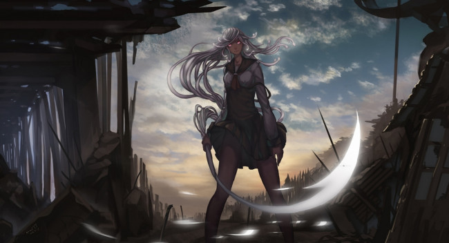 Обои картинки фото аниме, bakemonogatari, небо, волосы, руины, девушка, sengoku, nadeko, monogatari, меч, оружие, madyy, арт, облака