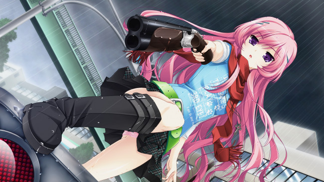 Обои картинки фото аниме, -weapon,  blood & technology, сапоги, дождь, шарф, девушка, волосы, розовые, оружие