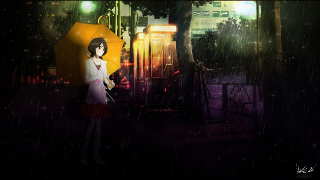 Обои картинки фото аниме, bleach, зонтик, дождь, улица, девушка, деревья, рукия, кучики, свет, фонари, блич, арт, брюнетка