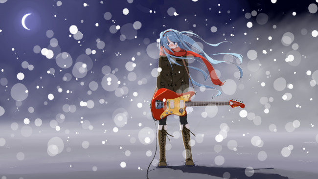 Обои картинки фото vocaloid, аниме, месяц, пар, зима, снег, гитара, девушка, hatsune, miku, takekumo, арт
