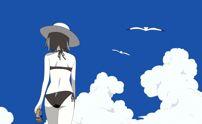 Обои картинки фото аниме, naruto, небо, девушка, сакура, лето, шляпа, спина, облака, банка, птицы