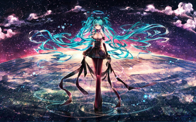 Обои картинки фото vocaloid, аниме, звезды, арт, девушка, hatsune, miku, salay, облака, небо, нимб, отражение, вода