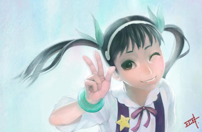 Обои картинки фото аниме, bakemonogatari, школьная, форма, арт, gamerag, браслет, hachikuji, mayoi, девушка, улыбка, лента