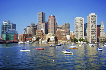 обоя бостон, города, бостон , сша, река, небоскребы, яхты