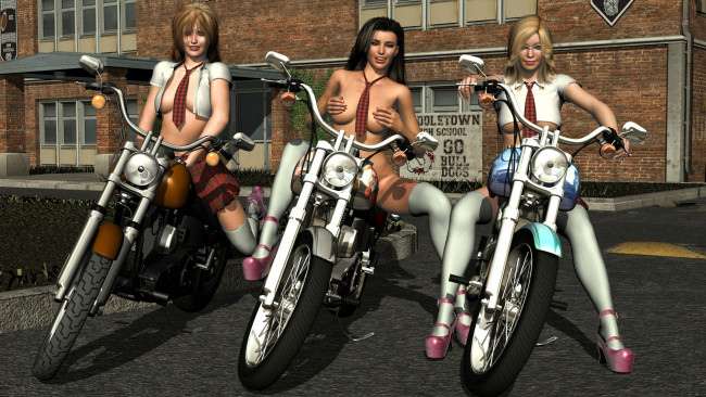 Обои картинки фото мотоциклы, 3d, девушки, фон, взгляд
