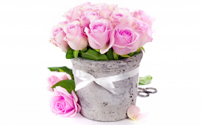 Обои картинки фото цветы, розы, букет, ваза, romantic, bouquet, ribbon, roses, pink