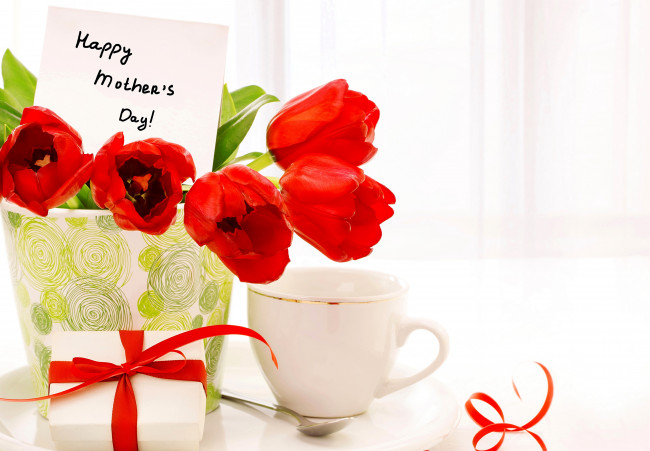 Обои картинки фото цветы, тюльпаны, чашка, подарок, праздник, ваза