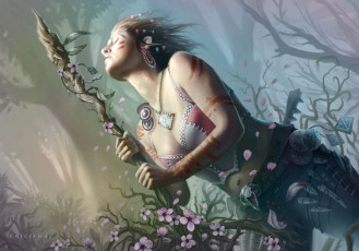 Картинка фэнтези девушки деревья ветки растения цветы украшения профиль девушка арт