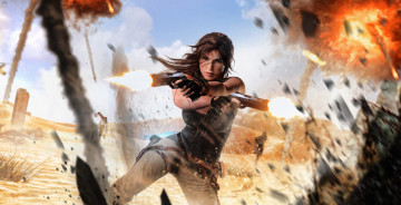 Картинка видео+игры tomb+raider+2013 lara croft взрывы пустыня девушка пистолеты tomb raider