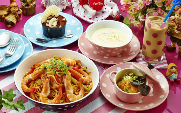 Картинка еда разное суп креветки паста ассорти блюда коктейль салат десерт