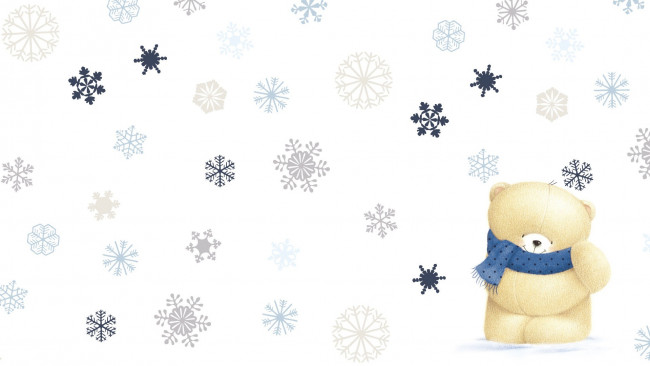 Обои картинки фото рисованное, мишки тэдди, шарфик, зима, снежинки, мишка