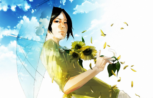 Обои картинки фото аниме, unknown,  другое, цветы, зонт, re, девушка, арт