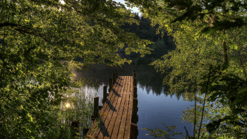 Картинка природа реки озера мостик деревья озеро закат мастинка
