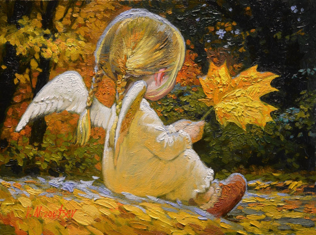 Обои картинки фото рисованное, живопись, кленовые, листья, маленькая, девочка, крылышки, виктор, низовцев, спина, косички, ангелочек, осень