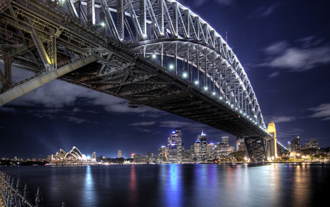 Обои картинки фото sydney, города, - огни ночного города, bridge, мост, австралия, отражение, ночь