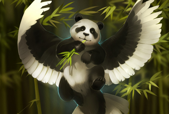 Обои картинки фото рисованное, животные,  сказочные,  мифические, бамбук, панда, art, gaudibuendia, фентези, александра, хитрова, крылья, арт