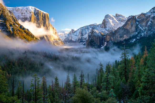 Обои картинки фото природа, горы, солнце, деревья, туман
